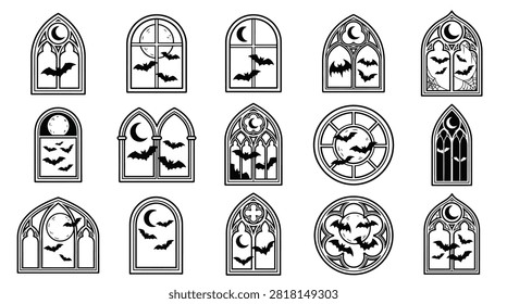 Collection of 15 black and white Halloween themed window icons featuring gothic arches, circular frames, moon silhouettes, flying bats, and spider webs on a plain white background.
