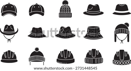 Collection of 15 black and white hat illustrations in various styles on white background