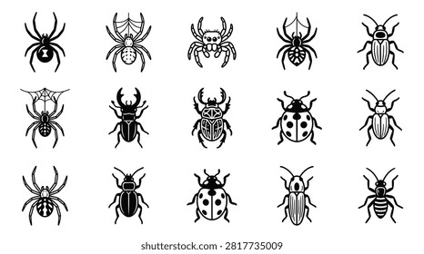 Collection of 15 black and white insect and arachnid icons including spiders, spider webs, stag beetles, ladybugs, scarabs, and various garden bugs isolated on a white background.