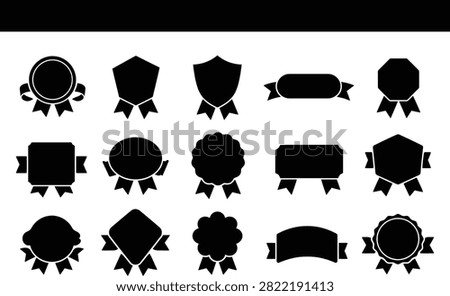 A collection of 15 blank award ribbon badges featuring diverse medal, emblem, seal, shield, circular, polygonal, scalloped, and banner-shaped designs. The set uses bold black silhouettes with clean white negative space and decorative ribbon tails, arranged in a balanced grid on a white background. These versatile vector badges are suitable for certificates, achievement awards, competition prizes, recognition programs, school awards, business branding, product packaging, event materials, promotional graphics, and decorative labels. The blank central areas allow designers to add custom text, logos, numbers, dates, or achievement details for professional applications.
