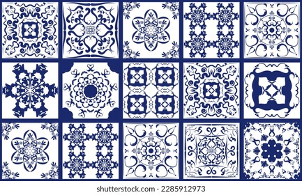 A collection of 15 blue Turkish style ceramic tiles. Azulejo tiles seamless patchwork pattern. Portuguese and Spanish decor. Islam, Arabic, Indian, Ottoman motif. Vector hand drawn background