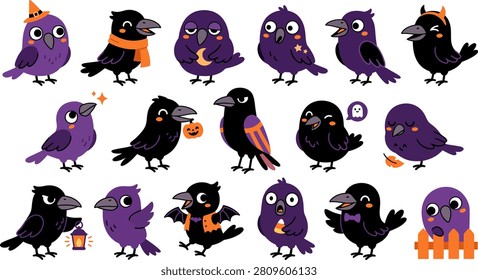 A collection of 15 cartoon-style bird illustrations in Halloween theme, featuring crows and ravens in various costumes and accessories.