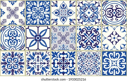 Collection of 15 ceramic tiles in turkish style. Seamless patchwork from Azulejo tiles. Portuguese and Spain decor in blue, white. Islam, Arabic, Indian, Ottoman motif. Vector Hand drawn background