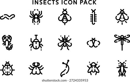 A collection of 15 clean, black line icons depicting various insects, suitable for user interfaces, branding, education, or editorial graphics. Bold, simple shapes offer versatility across design projects.