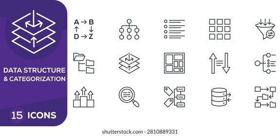 A collection of 15 clean thin line vector icons representing data structure and categorization concepts including layered archives sorting algorithms.