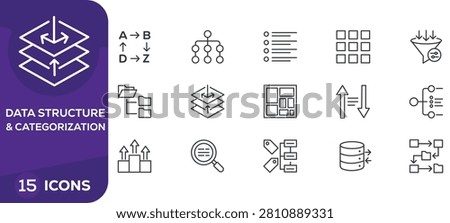 A collection of 15 clean thin line vector icons representing data structure and categorization concepts including layered archives sorting algorithms.