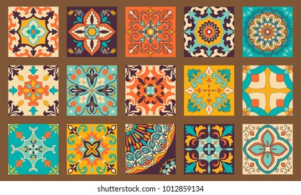 Collection of 15 colorful tile with Islam, Arabic, Indian, ottoman motifs. Majolica pottery tile. Portuguese and Spain decor. Ceramic tiles. Vector illustration
