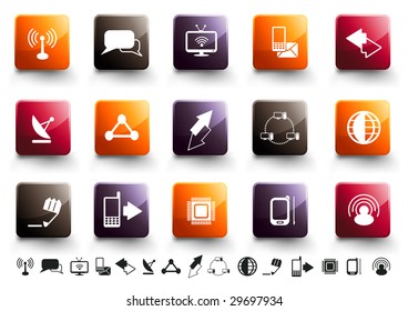 A collection of 15 communication and technology icons in high gloss finish.