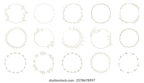 Collection of 15 delicate, hand-drawn floral wreaths. Simple, elegant, floral designs perfect for invitations, logos, or decorations. Floral wreaths for creative projects. Frame element vector set.