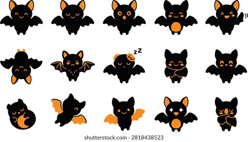 A collection of 15 different cartoon bat illustrations in various poses and expressions, predominantly black with orange accents against a white background.
