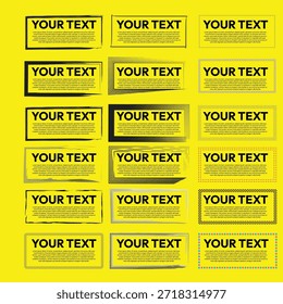 Uma coleção de 15 diferentes modelos de vendedor de caixa de texto em um fundo amarelo brilhante, oferecendo vários estilos e bordas para design e uso comercial, com texto de espaço reservado para personalização.