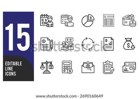 Collection of 15 editable line icons for finance, business, and investment concepts
