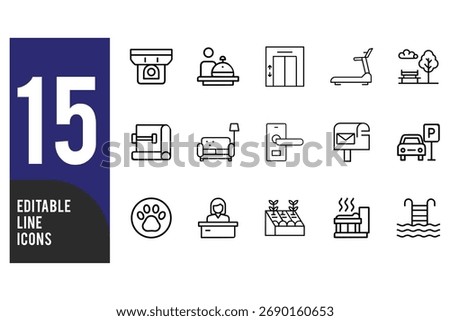 Collection of 15 editable line icons representing various services and amenities like reception, gym, and pool