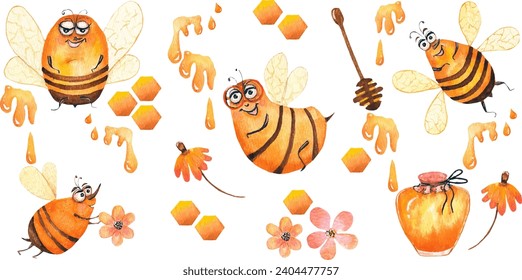 Collection of 15 elements of bees with honey. Watercolor