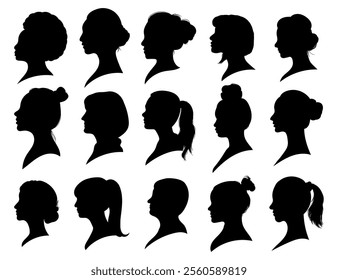 Collection of 15 female face silhouette designs from the side