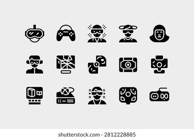 A collection of 15 flat black vector icons representing virtual reality, gaming technology, and augmented reality devices, isolated on a light background.