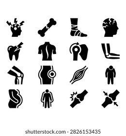 A collection of 15 flat vector icons depicting various medical injuries, health conditions, and equipment.