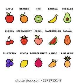 A collection of 15 fruits icon in minimalist outline style.
