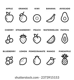 A collection of 15 fruits icon in minimalist outline style.