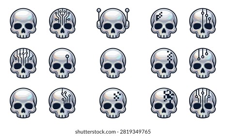 A collection of 15 futuristic chrome skull icons in a minimal Y2K style, featuring glossy silver finishes, holographic reflections, and cyber circuitry.