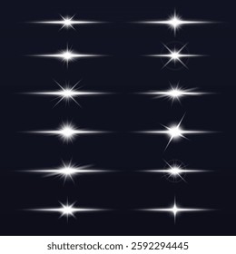 A collection of 15 glowing starburst effects on a dark background. Each starburst shines brightly, varying in shape and intensity, creating a luminous display. Overlay effect vector element set.