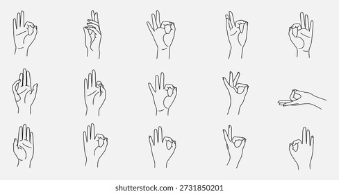 Colección de 15 ilustraciones de la mano que muestran varias posiciones de los dedos y gestos en estilo de arte de línea simple sobre un fondo blanco.
