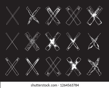 Collection of 15 hand painted white X marks isolated on black texture. Vector illustration. Brush stroke wrong icons, x symbol icons, grunge cross sign set. White chalk effect X painting