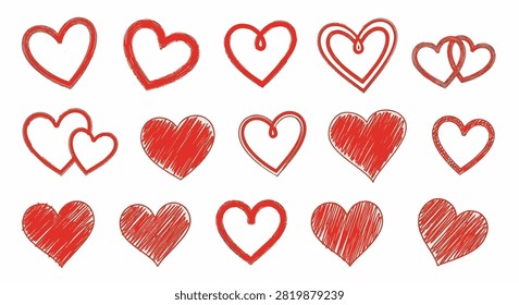 Collection of 15 hand-drawn red heart icons in various sketchy and scribbled styles on a white background. Includes outlines, interlocking hearts, and solid cross-hatched fills.