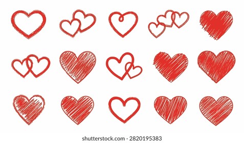 Collection of 15 hand-drawn red heart icons on white background. Includes various styles like solid scribbled fillings, simple outlines, and linked double heart designs for romance projects.