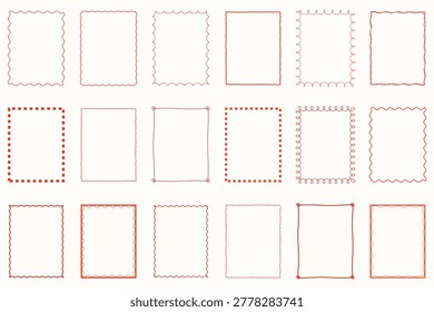 Collection of 15 hand-drawn red rectangular and square frames with varied decorative borders