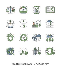 Una colección de 15 iconos vectoriales de alta calidad que se centran en objetivos de cero emisiones netas, compensación de emisiones, tecnología verde y soluciones al cambio climático. Perfecto para informes corporativos de ESG y marca ecológica