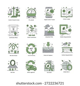 Una colección de 15 iconos vectoriales de alta calidad que se centran en objetivos de cero emisiones netas, compensación de emisiones, tecnología verde y soluciones al cambio climático. Perfecto para informes corporativos de ESG y marca ecológica