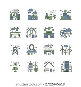 Una colección de 15 iconos vectoriales de alta calidad que se centran en objetivos de cero emisiones netas, compensación de emisiones, tecnología verde y soluciones al cambio climático. Perfecto para informes corporativos de ESG y marca ecológica