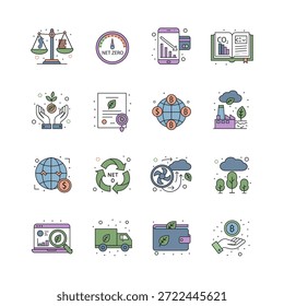 Una colección de 15 iconos vectoriales de alta calidad que se centran en objetivos de cero emisiones netas, compensación de emisiones, tecnología verde y soluciones al cambio climático. Perfecto para informes corporativos de ESG y marca ecológica