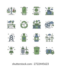 Una colección de 15 iconos vectoriales de alta calidad que se centran en objetivos de cero emisiones netas, compensación de emisiones, tecnología verde y soluciones al cambio climático. Perfecto para informes corporativos de ESG y marca ecológica