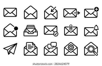 A collection of 15 linear email and messaging icons, including inbox, outbox, attachments, notifications, and search, isolated on a white background.