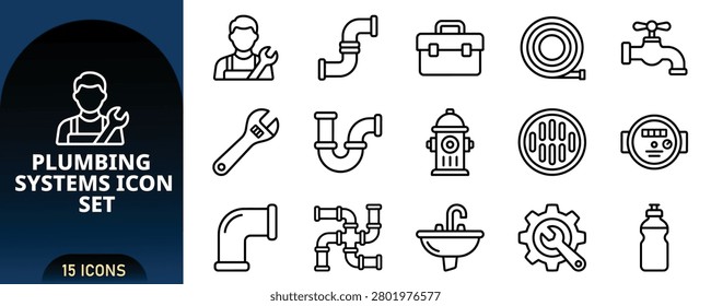 A collection of 15 linear icons representing plumbing systems, tools, and equipment, perfect for professional design projects and technical documentation.