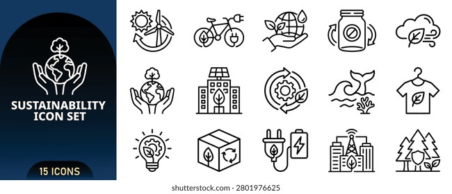 A collection of 15 linear icons representing sustainability, renewable energy, eco-friendly lifestyle, and environmental protection concepts.