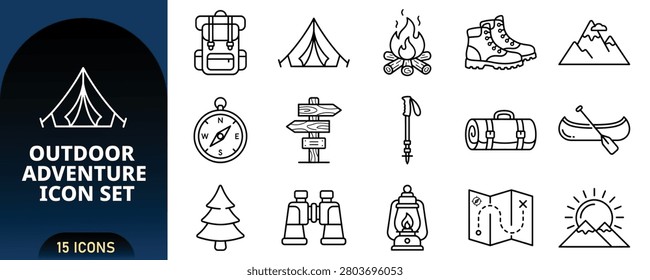 A collection of 15 linear icons representing outdoor adventure, camping, and hiking activities, isolated on a white background.