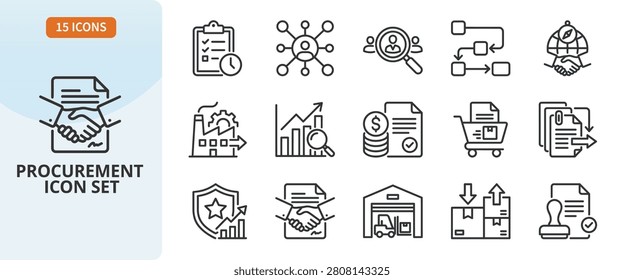 A collection of 15 linear icons representing procurement, business purchasing, supply chain management, vendor relations, and contract processes.