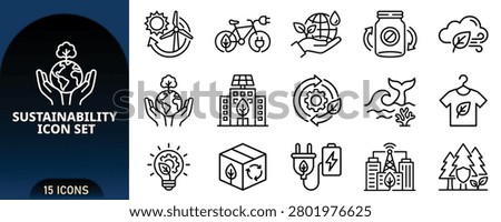 A collection of 15 linear icons representing sustainability, renewable energy, eco-friendly lifestyle, and environmental protection concepts.