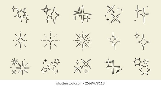 A collection of 15 minimalist star icons. Each star icon is unique, featuring different shapes and styles. Perfect for design projects needing star icons. Element vector set.