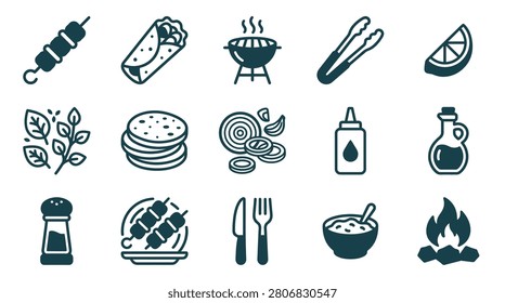 Collection of 15 minimalist vector icons for barbecue and grilling featuring shish kebab, charcoal grill, tongs, burrito, pita bread, lime, herbs, onions, oil, salt, cutlery, and hot coals.