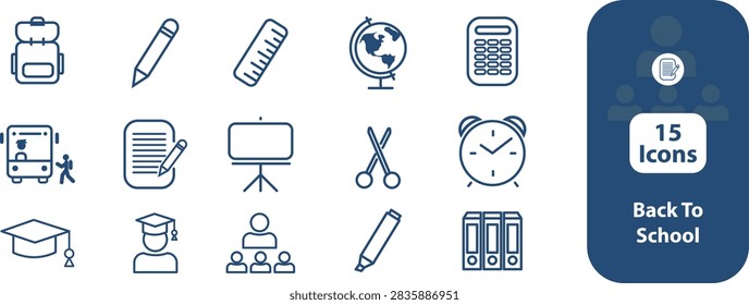 A collection of 15 outline-style back to school icons including backpack, pencil, ruler, globe, calculator, school bus, assignment notebook, presentation board, scissors, alarm clock, graduation cap, graduate, teacher with students, marker, and file binders. Ideal for minimalist educational websites, mobile apps, and modern print design.