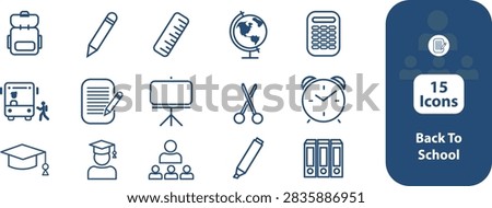A collection of 15 outline-style back to school icons including backpack, pencil, ruler, globe, calculator, school bus, assignment notebook, presentation board, scissors, alarm clock, graduation cap, graduate, teacher with students, marker, and file binders. Ideal for minimalist educational websites, mobile apps, and modern print design.