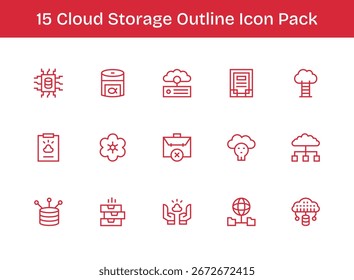 Colección de 15 iconos vectoriales de estilo de esquema para Cloud Storage, diseñados para mayor claridad y versatilidad.