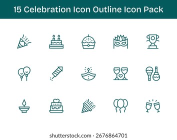 Colección de 15 iconos vectoriales de estilo de contorno para Celebration Icon, diseñados para mayor claridad y versatilidad.
