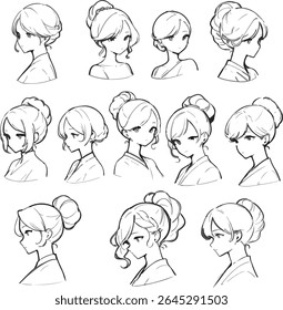 Collection of 15 Pixel Art Female Hairstyle Sketches Bun Variations in Grayscale