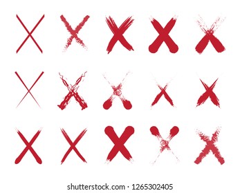 Collection of 15 red hand painted X marks. Vector illustration. Brush stroke wrong icons, x symbol icons, grunge cross sign set.