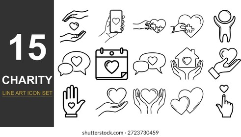 Uma coleção de 15 ícones de arte simples representando vários aspectos de caridade, amor e bondade.